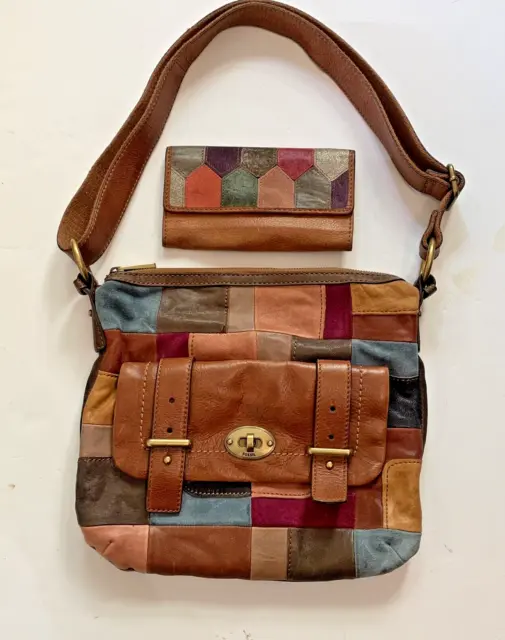 Fossil Multicolor Brown Leather Patchwork Crossbody Handbag Purse & Wallet