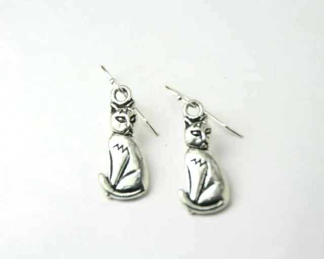 Kitty Cat Earrings .925 sterling silver hooks pewter charms 1 1/4" Kitten cats