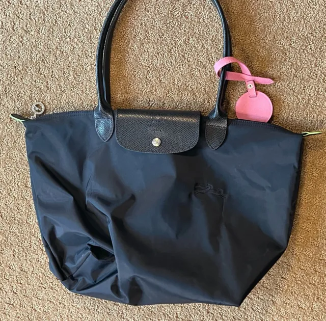 GOLDEN GLOBES  Longchamp Le Pliage Nylon Tote Bag Leather Handles Handbag Black
