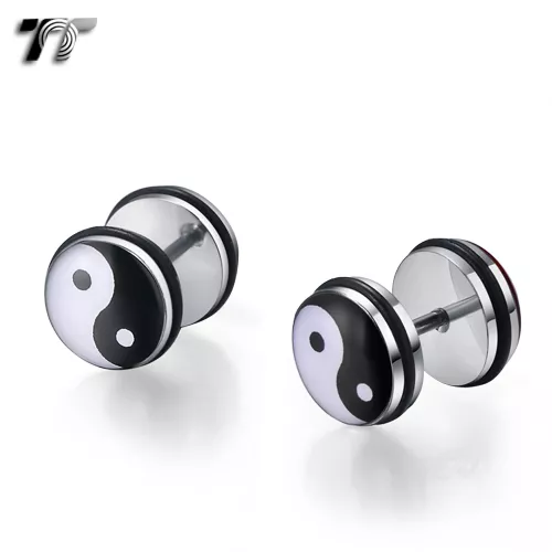 TT 10mm Clear Epoxy Stainless Steel Ying&Yang Fake Ear Plug Earrings (BC09) NEW