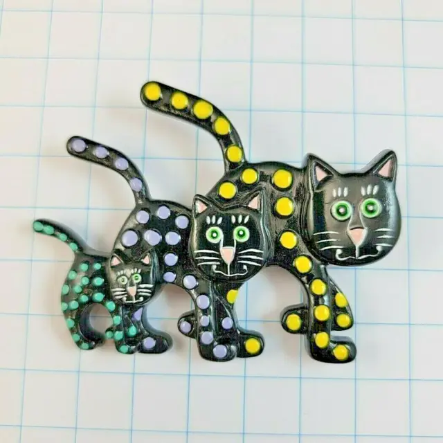 VTG 1990s Kelly Graham Brooch Pin Purrfect Pieces Black Cat Family Polka Dots
