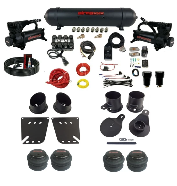 COMPLETE AIR RIDE Suspension Kit 3/8" Blk Manifold Bags & Tank For 58