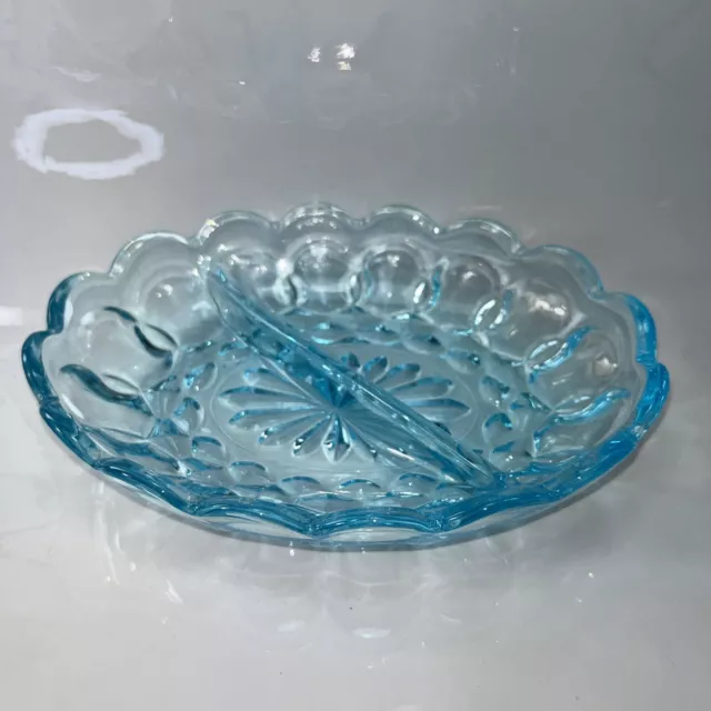 Indiana Glass Blue 7x5 inch Oval 2 Section Divided Relish Dish Candy Dish-Read