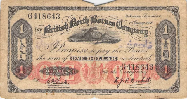 British North Borneo Company $1 Dollar Note 1936 P-28 Scarce Worn