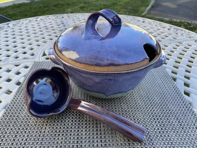 Hanselmann Pottery Stoneware Gourd Soup tureen With Lid & Ladle Purple