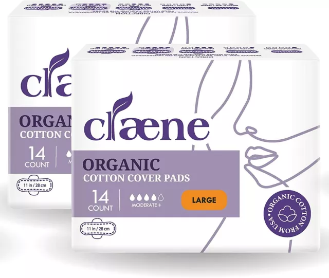 Claene Organic Large Menstrual Pads Sanitary Napkins With Wings 2 Pack, 28 Ct