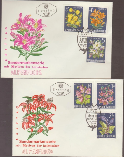 2 schöne Österreichische Ersttagbriefe , mit Satz: Alpenflora