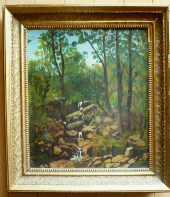 LATE 19th CENTURY ANTIQUE OLD OIL PAINTING STREAM CREEK IN LUSH GREEN WILDERNESS