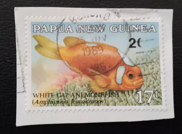 PNG 1989 20t on 17t Anemone Fish overprint HUGE ERROR stamp used on paper