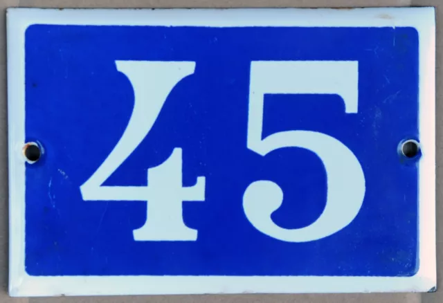 Old blue French house number 45 door gate plate steel enamel plaque plate sign