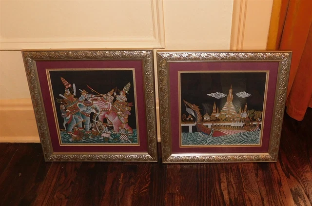 2 Vtg Painting On Silk Thai Asian Warriors Battling Wall Art Framed 16" Square