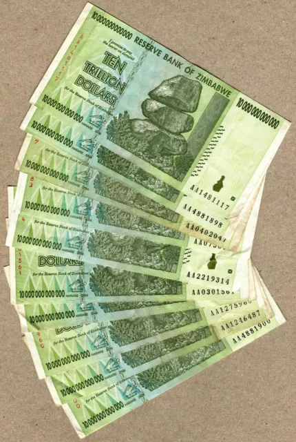 Simbabwe 10 Billionen Dollar x 10 Stück AA 2008 P88 VF Geldscheine