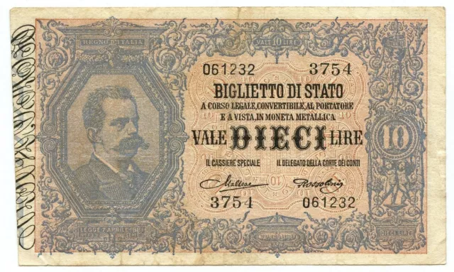 10 Lire Biglietto Di Stato Effige Umberto I 19/05/1923 Bb