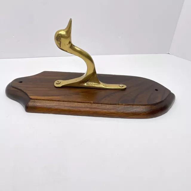 Vintage Solid Brass Duck Head Mounted on Wood Hat Coat Hanger Hook