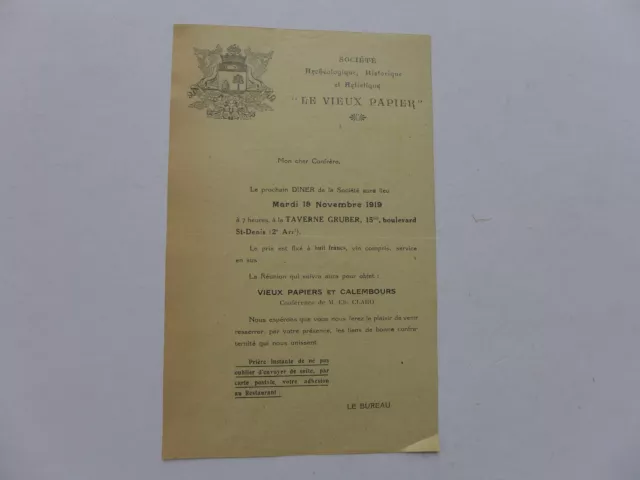 société LE VIEUX PAPIER invitation à diner 19 novembre 1919 TAVERNE GRUBER
