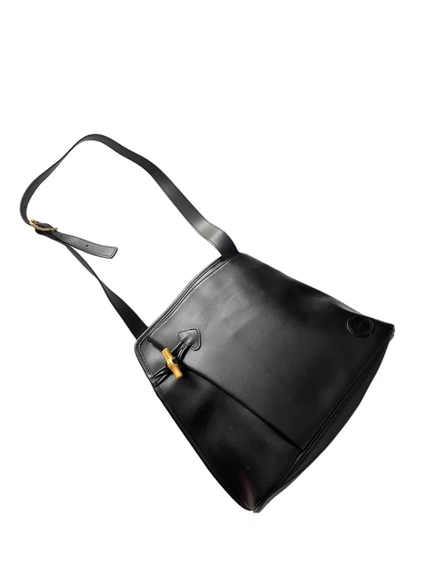 Vintage Longchamp France Roseau Black Leather Shoulder Bag Gold Bamboo Toggle