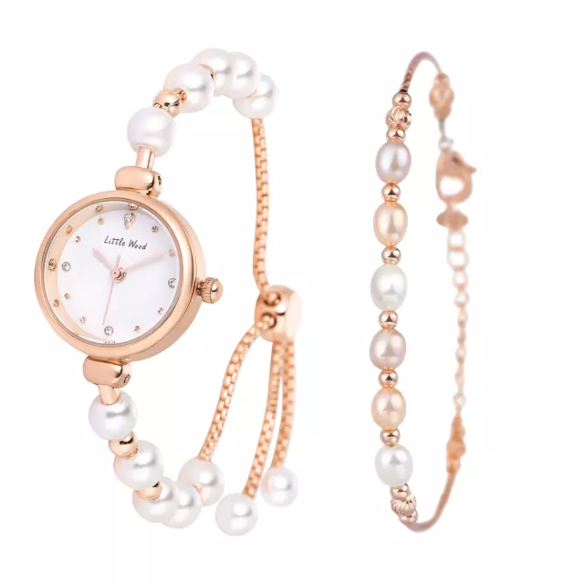 Womens Elegant Faux Pearl  Beaded Bracelet Analog Quartz Watch Set with Gift Box