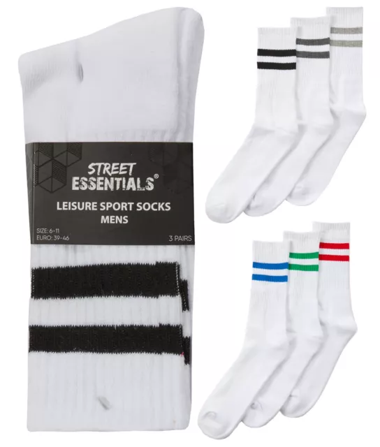 Ribbed Sport Socks Mens Cotton Rich Stripe White Everyday Sock 6 or 12 Pairs