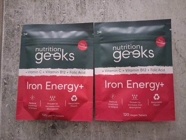 NUTRITION GEEKS IRON Energy+ 240 Vegan Tablets Vitamin C, B12, Folic ...