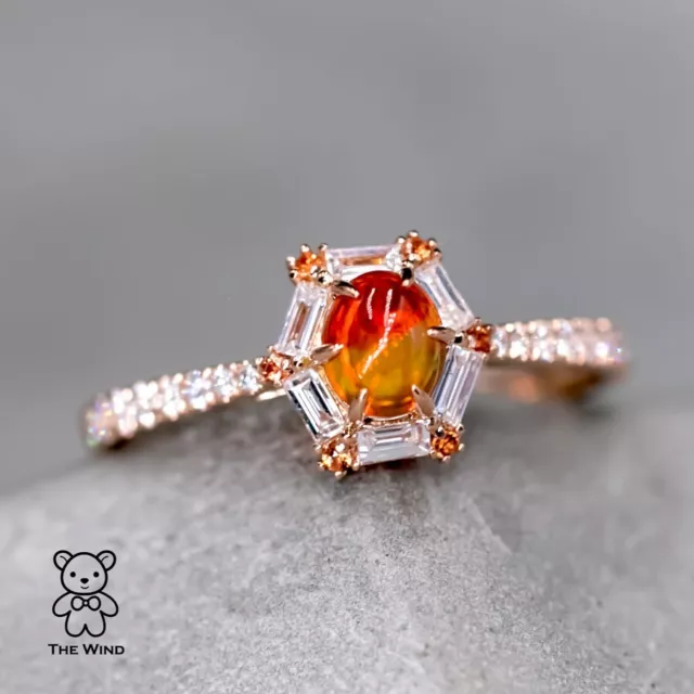 Rare Two Tones Fire Opal, Baguette Cut Diamond Sapphire Engagement Ring 18K Gold