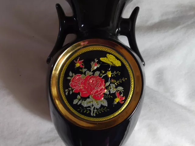 The Art of Chokin 24k Gold Edged 8.5” Handled Vase Roses And Butterfly Japan