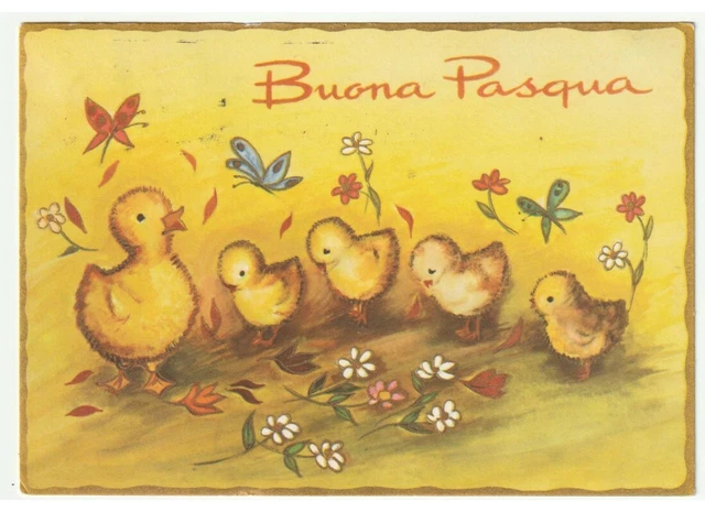 1968 PULCINI PASQUALI fiori farfalle cartolina vintage Buona Pasqua ...