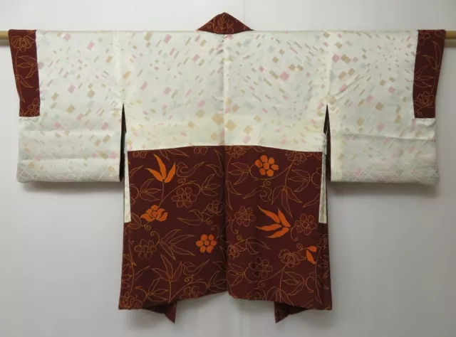 0516T06z600 Vintage Japanese Kimono Silk HAORI Brown Flower
