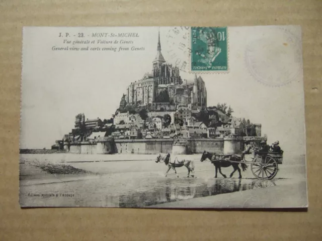 Cpa Le Mont Saint Michel (50) General View And Car De Genets Coupling Horses