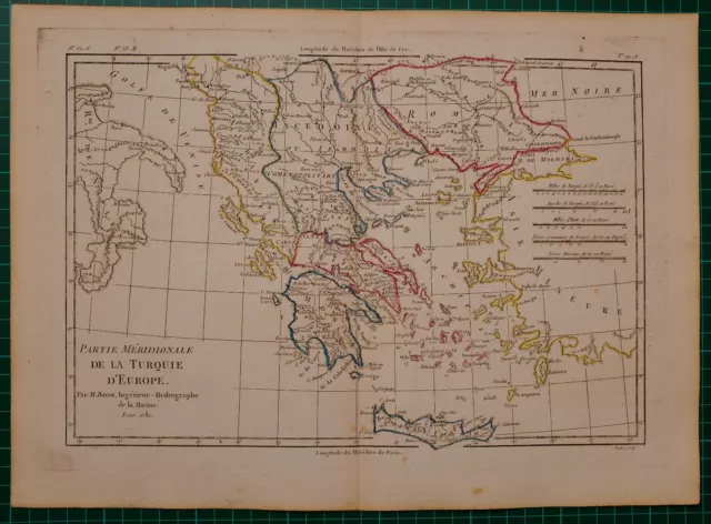 1781 Dated Rigobert Bonne Map ~ Turkey In Europe Greece Morea Crete Macedonia
