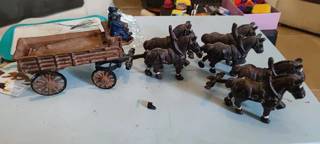 Ancien Jouet Style Dejou Attelage Cheval a Roulettes Remorque Tole 1920