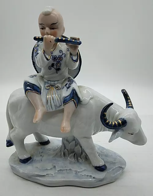 Vtg Chinese Boy Figure on Water Buffalo Playing Flute Figurine Blue White Japan