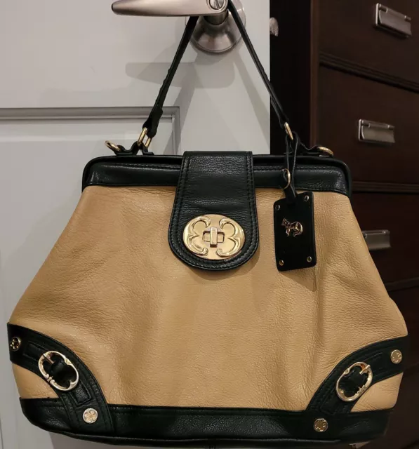 Emma Fox Newport Frame Tan Black Leather Satchel Large Handbag Purse-Ret. $328