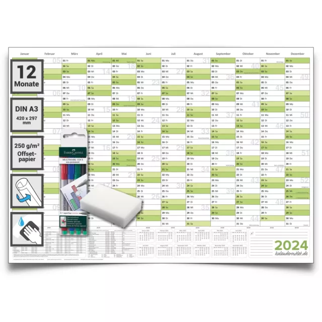 ABWISCHBAR! PREMIUM Wandkalender Wandplaner grün Jahreskalender 2024 gross XXL