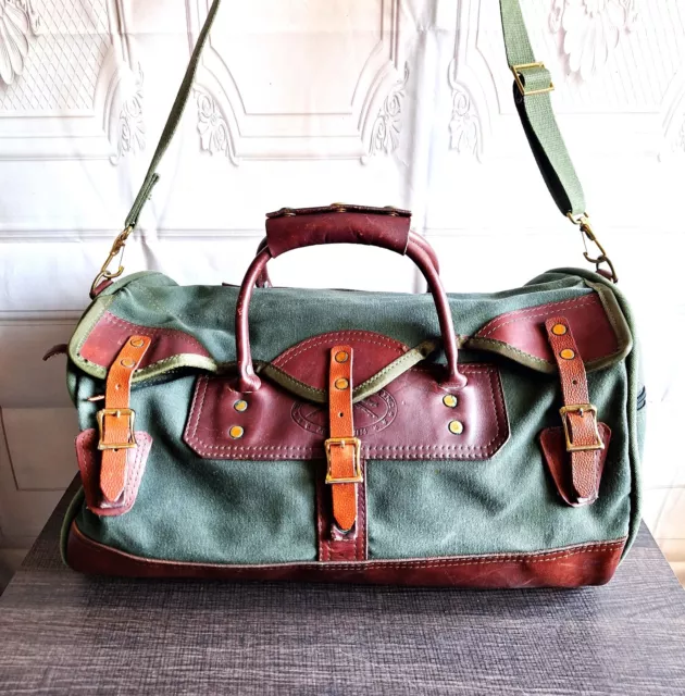 Vintage Orvis Battenkill Leather Bottom Green Canvas Duffle Bag Travel Old Logo