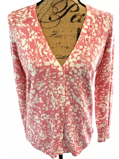 TALBOTS Pink White Cotton Blend Floral V Neck Button Cardigan Sweater Size M