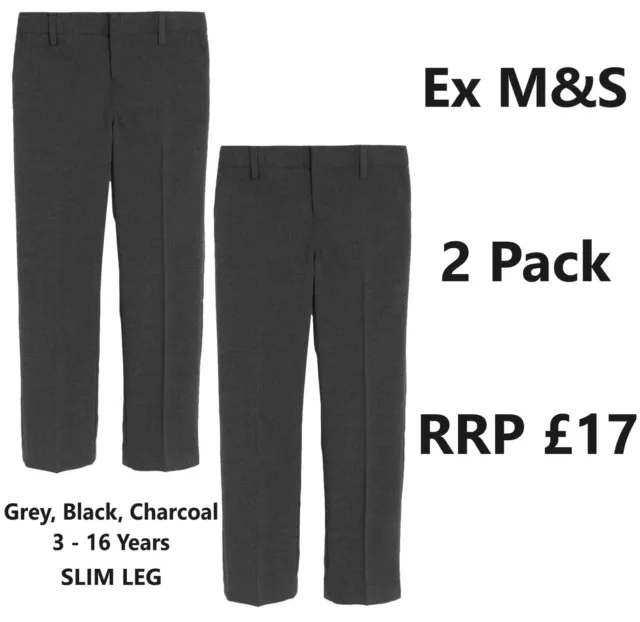 Boys 2 Pack School Trousers Slim Leg Ex M&S 2-18 Years Slim Fit School Uniform