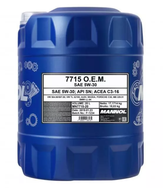 20L MANNOL 5W-30 ACEA C3 Fully Synthetic Engine Oil SN VW 504.00/507.00 LL-04 2