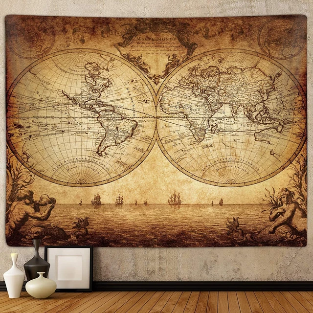 Old World Map Tapestry for Bedroom, Vintage Nautical Maps of the World