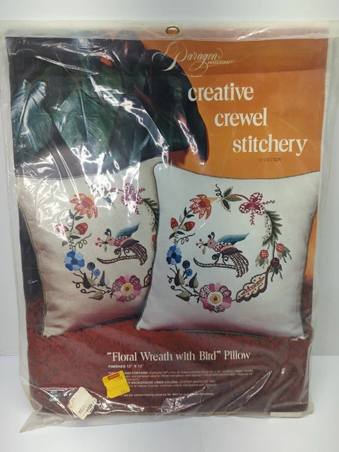 Kit de almohada de costura Paragon creativa crewel de colección pájaro corona floral 1973 sellado