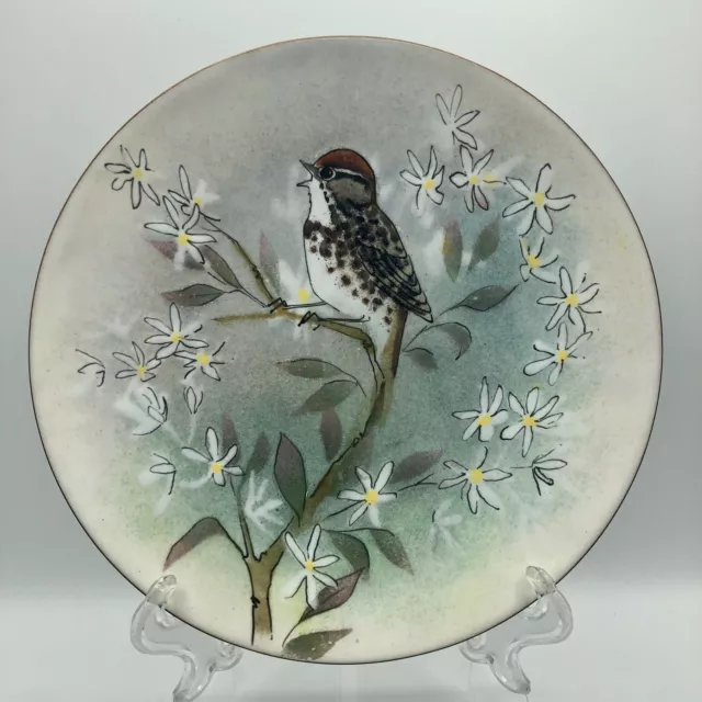 Vintage Norman Brumm Enamel on Copper Sparrow w/ Blossoms Plate /b