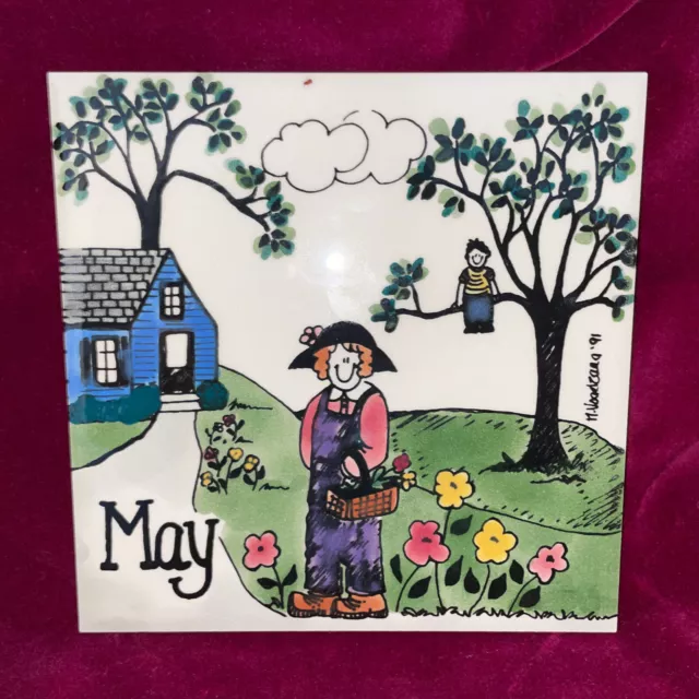 H&R JOHNSON May Calendar Tile Trivet; Nancy DeYoung ‘91 Made in England, Flowers