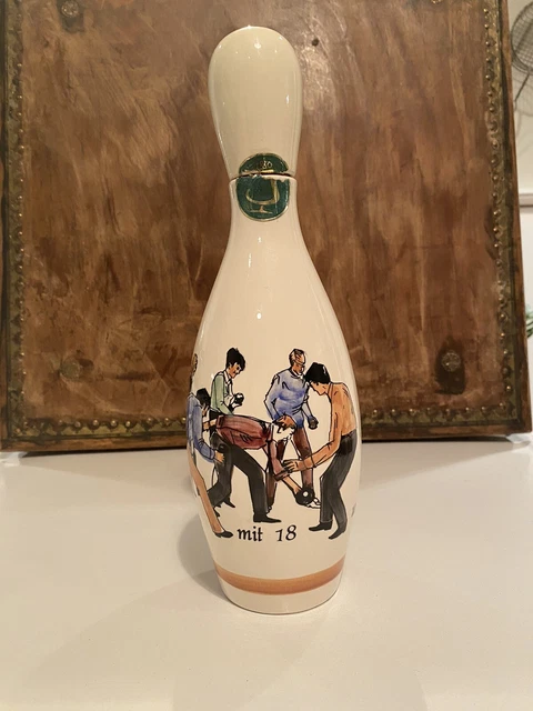 RARE! German bowling pin CERAMIC 13” Bar Decanter Jacobi Brandy Advertisement.