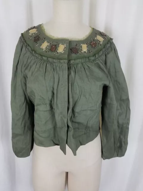 Boston Design Studio Linen Olive Cropped Snap Up Beaded Blazer Jacket Womens 12P