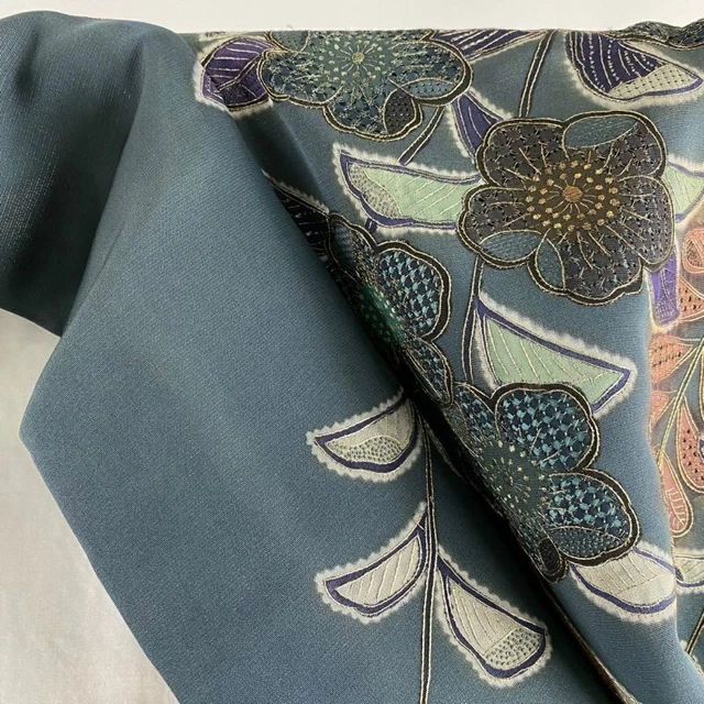 Woman Japanese Kimono Houmongi Silk Camellia Flower Gold Embroidery DarkGreen 3