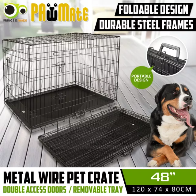 48in Dog Cage Pet Wire Crate Puppy Cat Foldable Metal Kennel Portable with Tray