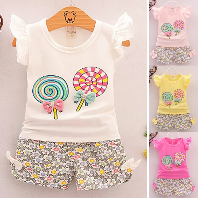 T-shirt bambino top + pantaloncini floreali pantaloni set vestiti abiti bambine 7