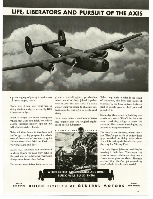 1943 Buick Pratt Whitney Engines for US B-24 Liberator Bomber WWII Print Ad 2