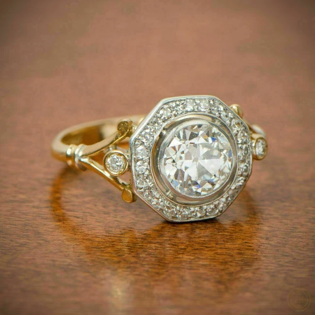 2.10Ct Round Simulated Diamond Art Deco Engagement Ring 14K Two-Tone Gold Plated