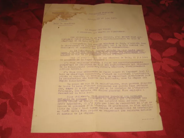 Lettre juin 1940 ordre général Préfecture Vosges Seconde guerre mondiale armée