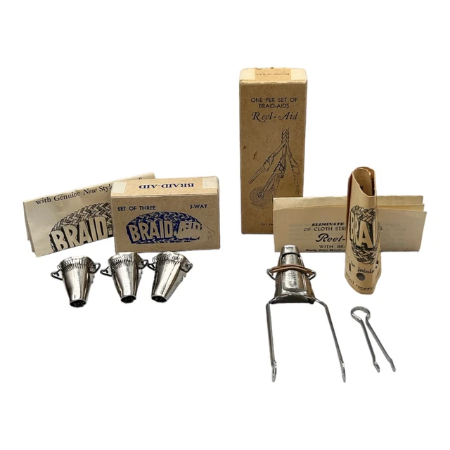 Juego de alfombras vintage Braid-Aid Co de 3 - 3 vías y 1 carrete auxiliar * cajas originales EE. UU. Usado en excelente condición
